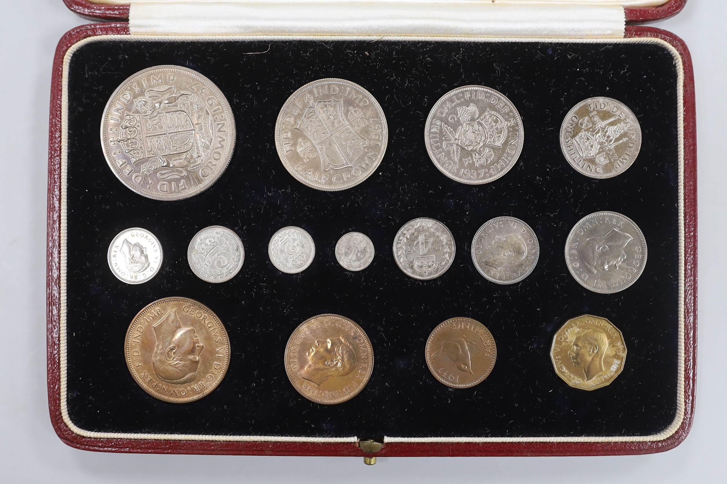 A cased George VI 1937 coronation specimen coin set, Including maundy 1d - 4d, and farthing through to crown, 15 coins